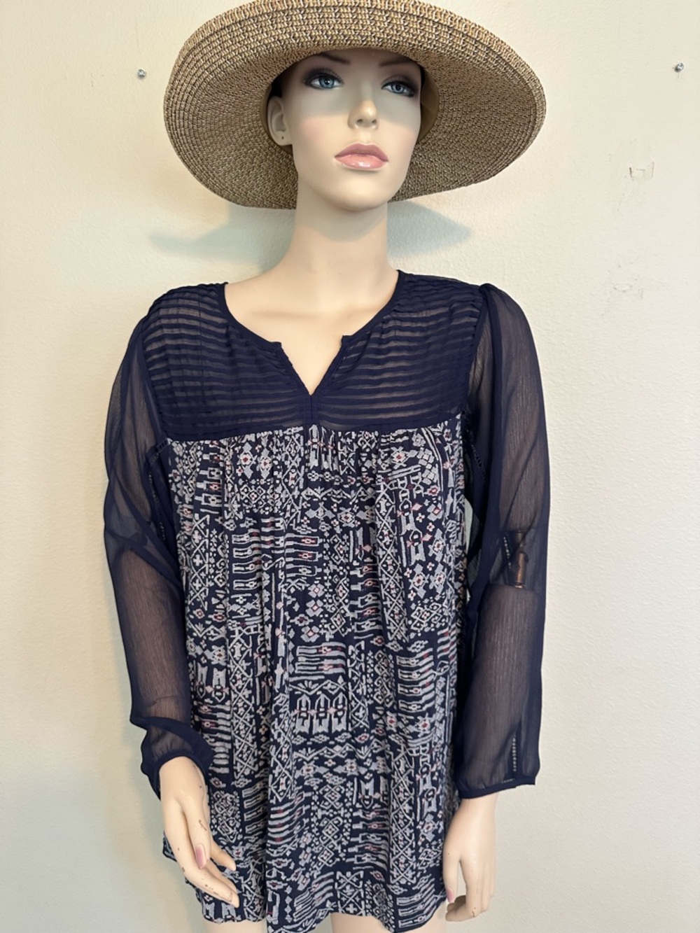 Lucky Brand Plus Size 1X Navy Blue Ikat Boho Peasant Blouse Sheer Sleeves